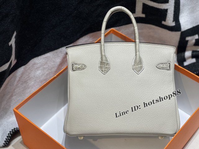 Hermes專櫃Birkin手提女包 愛馬仕togo皮搭配雙面鱷魚皮蓋頭蠟線手縫鉑金包 zhh1000